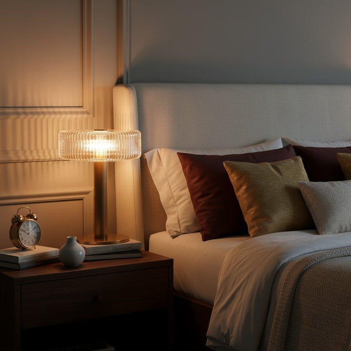Table Lamp - Ribbed Glass Shade with Gold Finish
