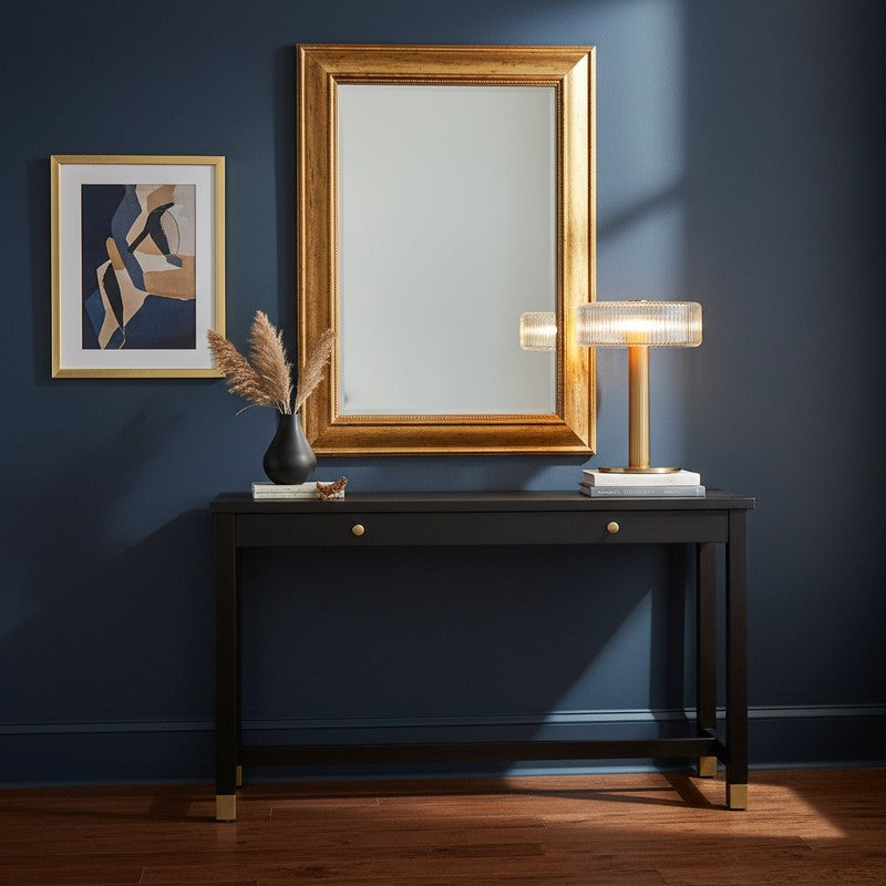 Table Lamp - Ribbed Glass Shade with Gold Finish