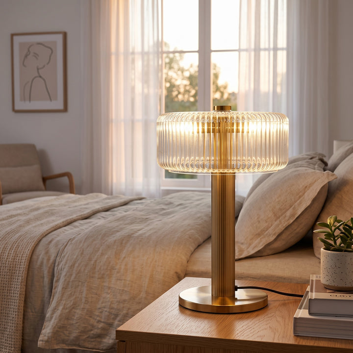 Table Lamp - Ribbed Glass Shade with Gold Finish