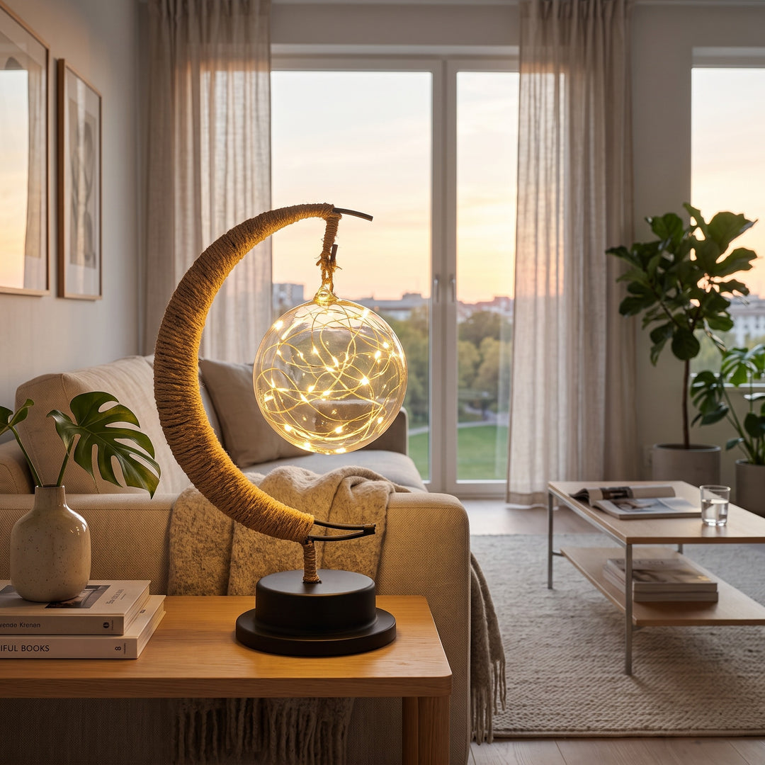 Table Lamp - Suspended Globe with Rope Wrapped Crescent Stand