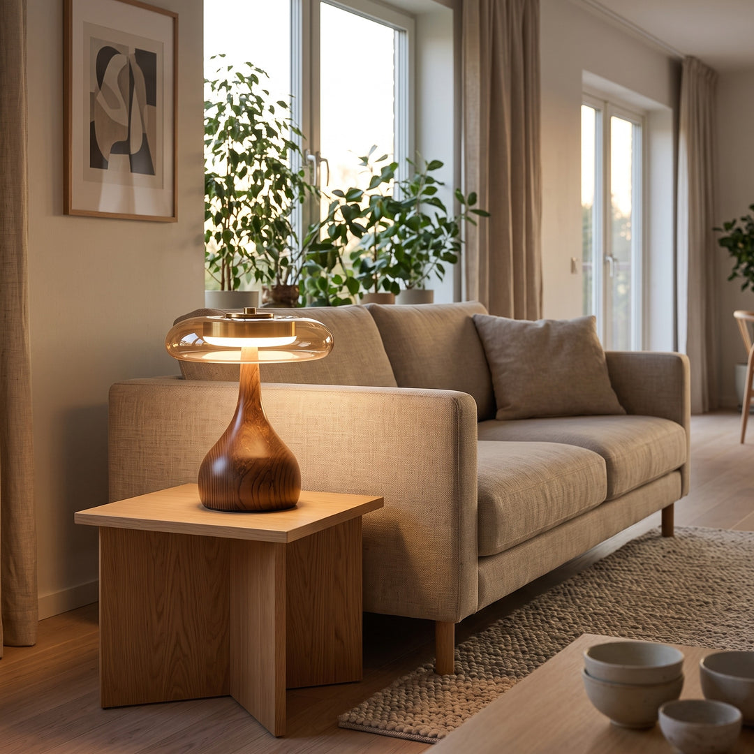 Table Lamp with Solid Wood Base and Glass Shade