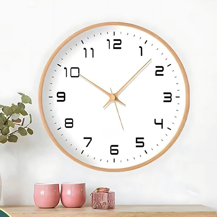 Wall Clock - Round Minimalist with Wood-Finish Frame