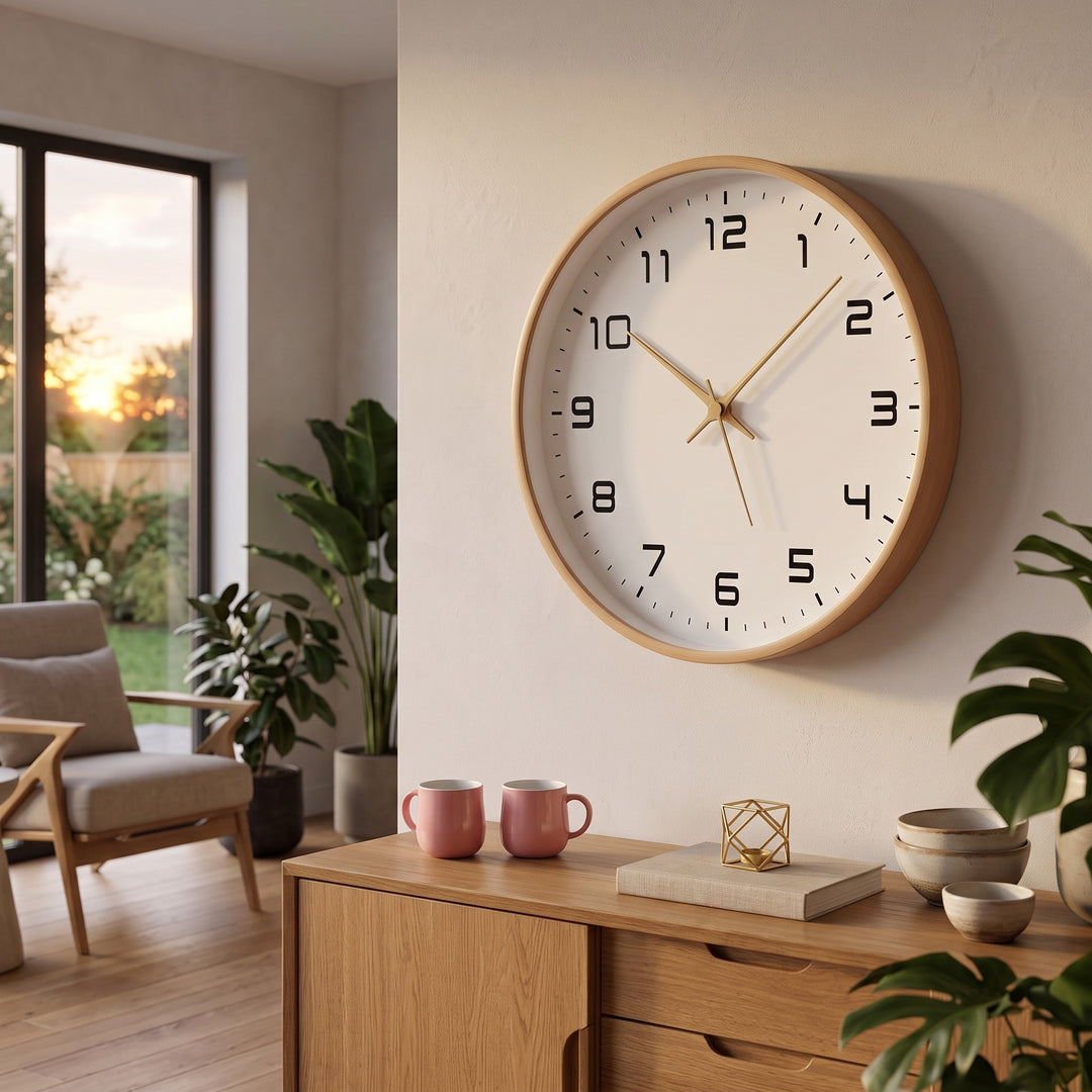 Wall Clock - Round Minimalist with Wood-Finish Frame
