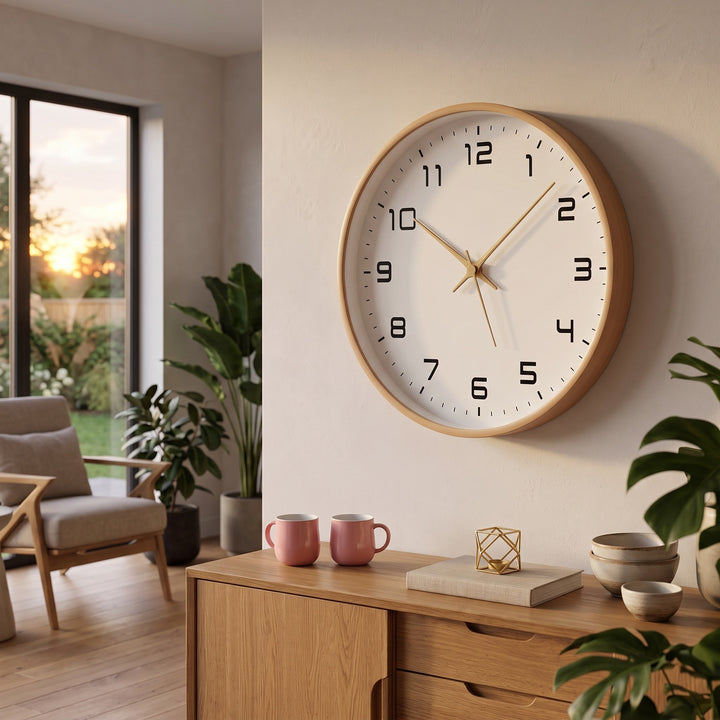 Wall Clock - Round Minimalist with Wood-Finish Frame