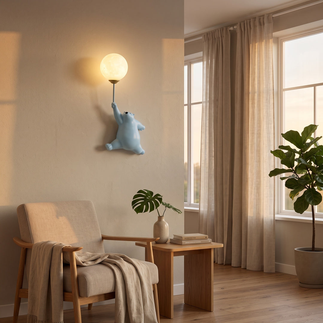 Wall Lamp with Bear Figurine and Balloon-Shaped Globe Shade