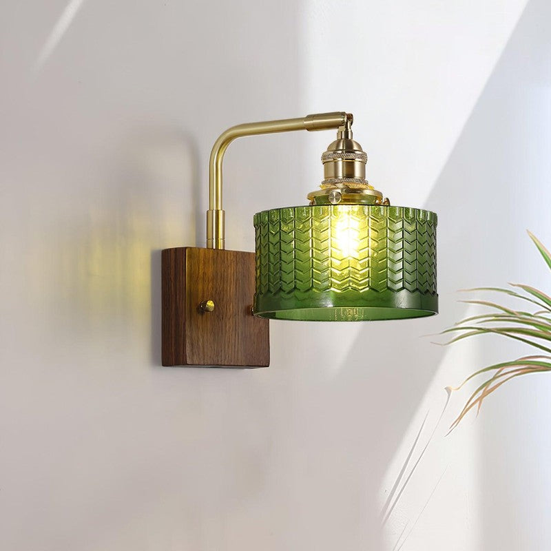 Wall Lamp with Square Wooden Backplate and Chevron-Patterned Glass Shade