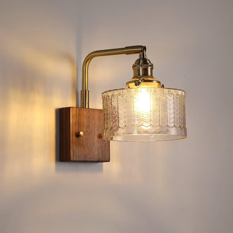 Wall Lamp with Square Wooden Backplate and Chevron-Patterned Glass Shade
