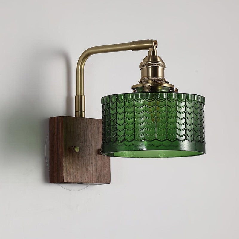 Wall Lamp with Square Wooden Backplate and Chevron-Patterned Glass Shade