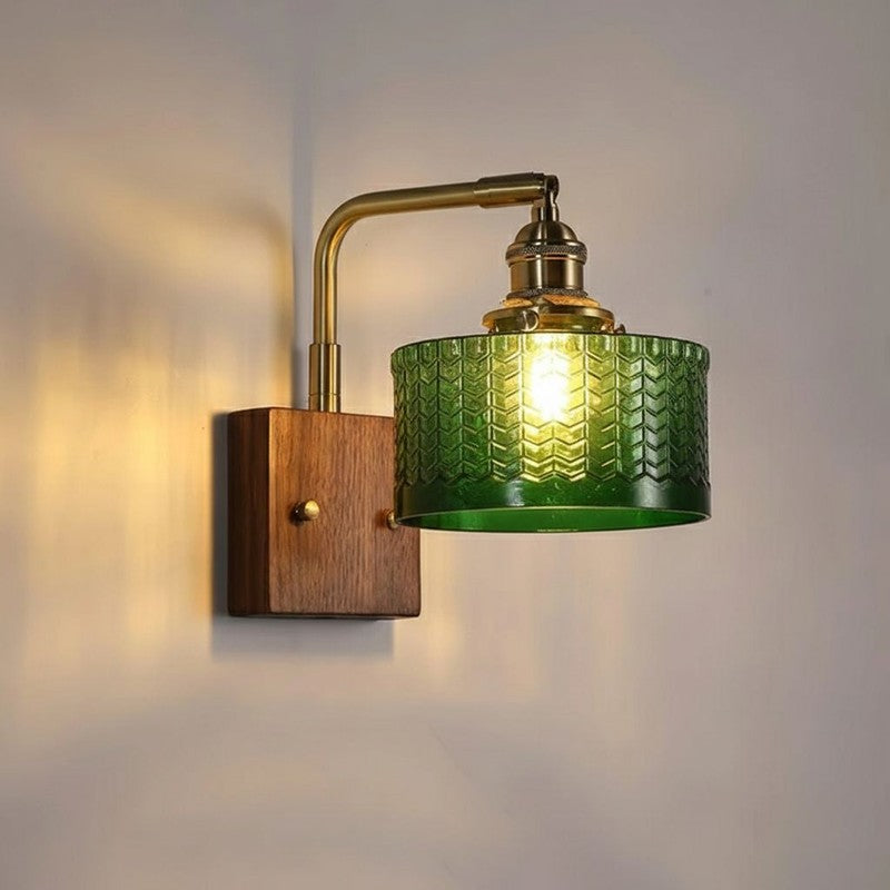 Wall Lamp with Square Wooden Backplate and Chevron-Patterned Glass Shade