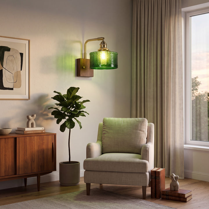 Wall Lamp with Square Wooden Backplate and Chevron-Patterned Glass Shade