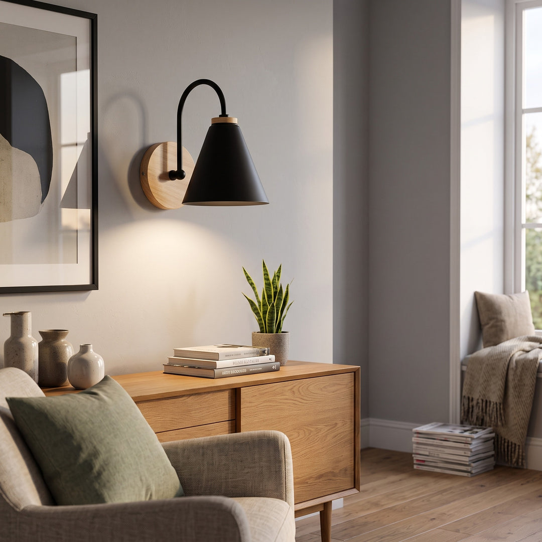 Wall Mounted Sconce Lamp - Cone Shade on Curved Arm