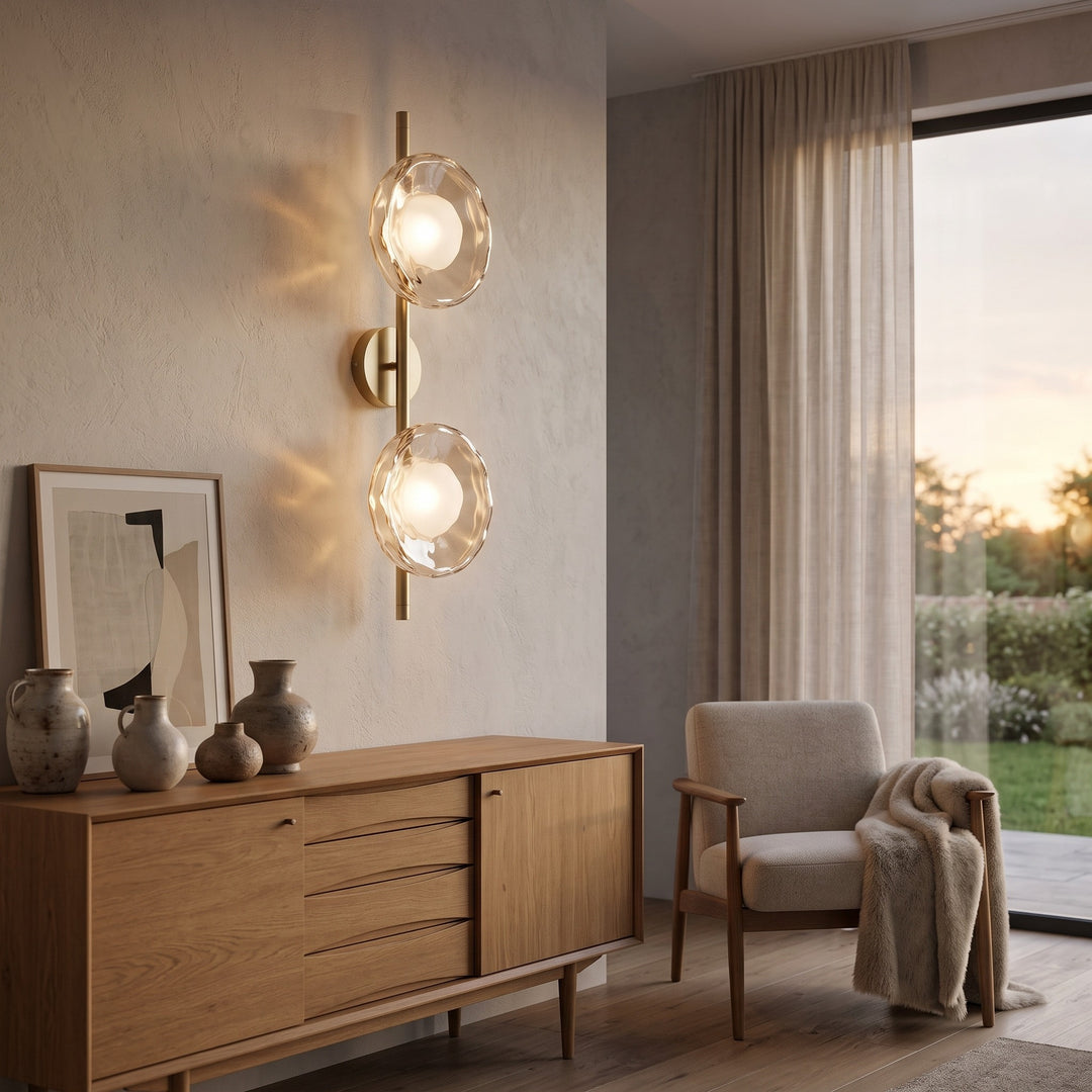 Wall Mounted Sconce Lamp - Dual Disc Shade on Vertical Stem