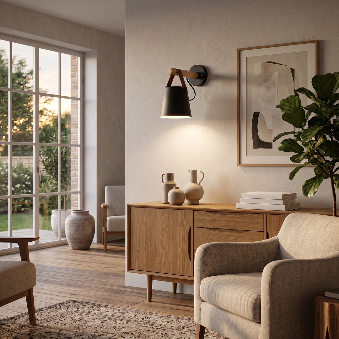 Wall Mounted Sconce Lamp - Hanging Shade on Strap and Bar
