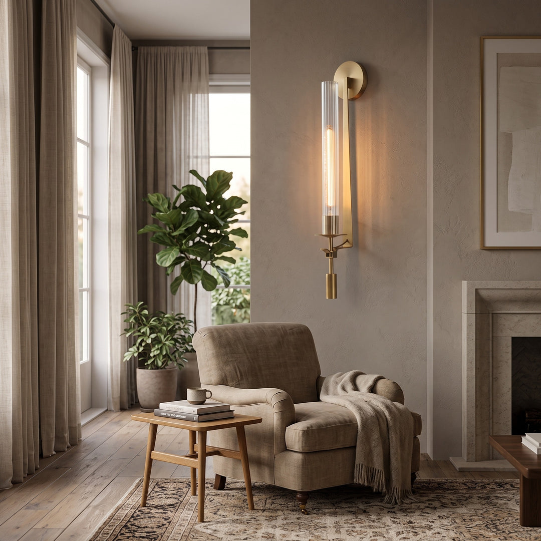 Wall Mounted Sconce Lamp - Ribbed Tube Shade on Curved Arm