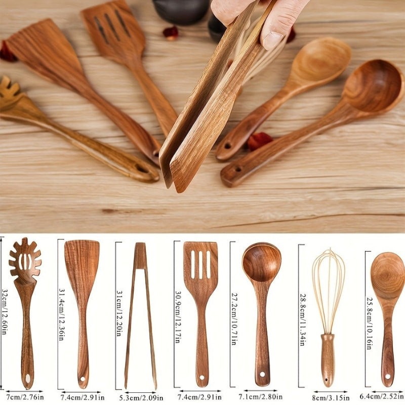 Wooden Kitchen Utensil Set - 7-Piece with Hanging Holes
