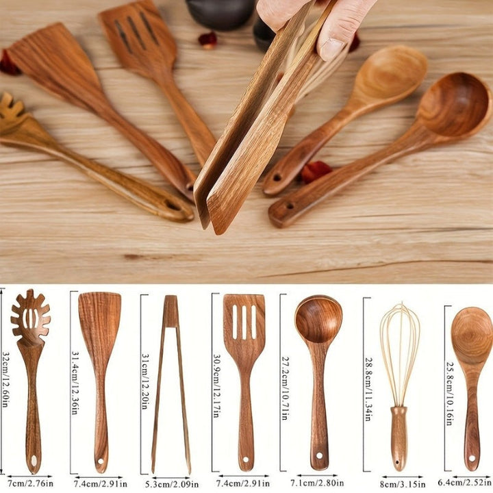 Wooden Kitchen Utensil Set - 7-Piece with Hanging Holes