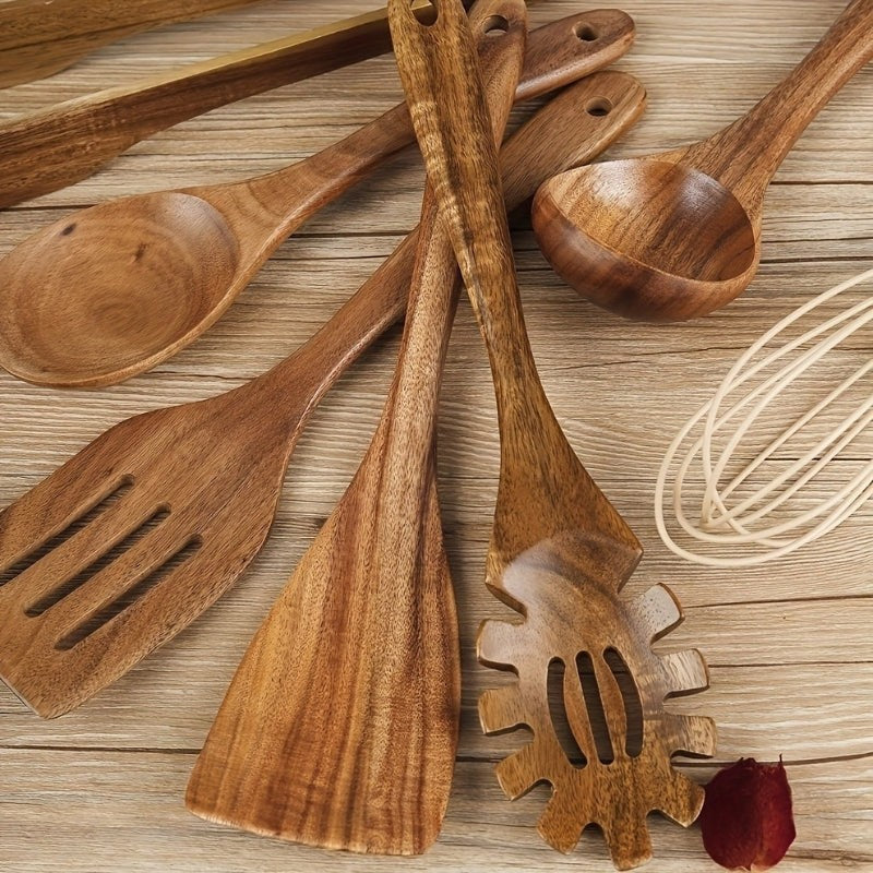 Wooden Kitchen Utensil Set - 7-Piece with Hanging Holes