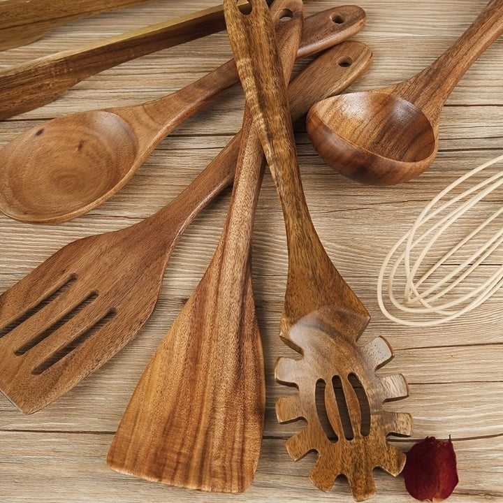 Wooden Kitchen Utensil Set - 7-Piece with Hanging Holes