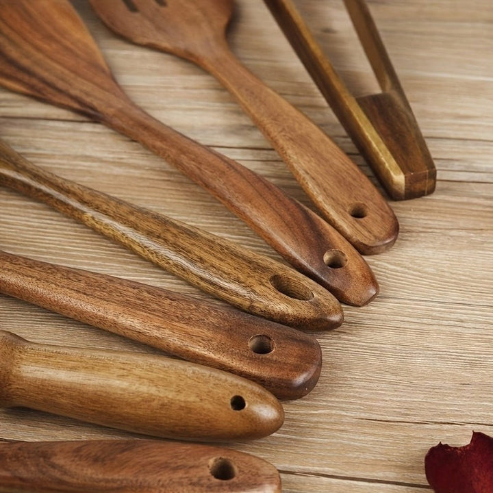 Wooden Kitchen Utensil Set - 7-Piece with Hanging Holes