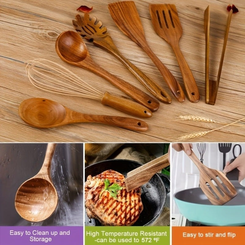 Wooden Kitchen Utensil Set - 7-Piece with Hanging Holes