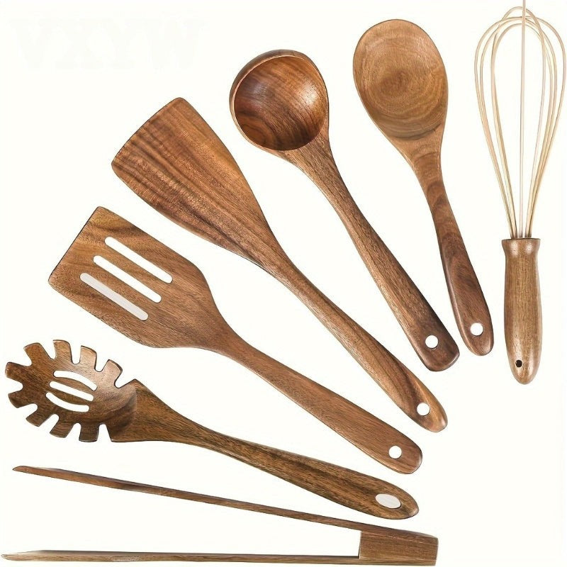 Wooden Kitchen Utensil Set - 7-Piece with Hanging Holes
