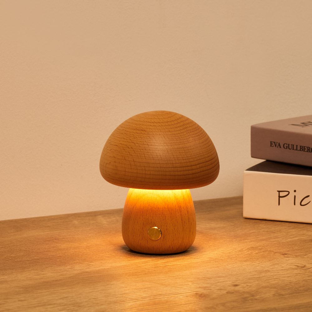 Wooden Mushroom Lamp | Cordless Rechargeable Bedside Lamp