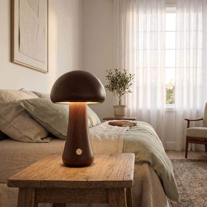 Wooden Mushroom Lamp styled in a home interior
