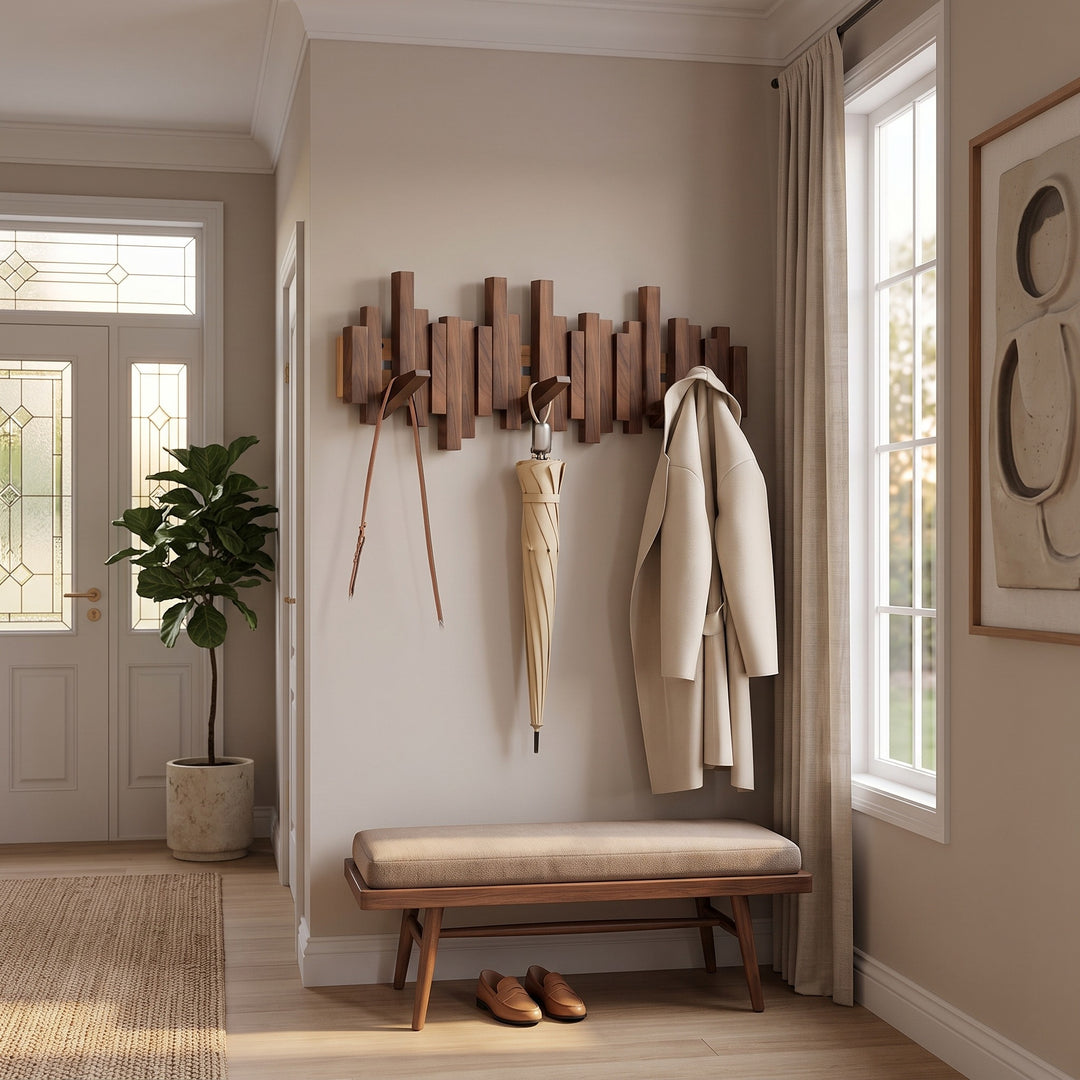 Wooden Wall Coat Rack Foldable Hooks with Staggered Slat Design